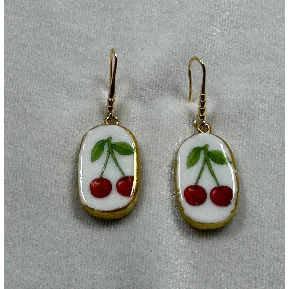 Cherry Ceramic Dangle Earrings Gold Tone Fruit Earrings Cute Cottagecore E278