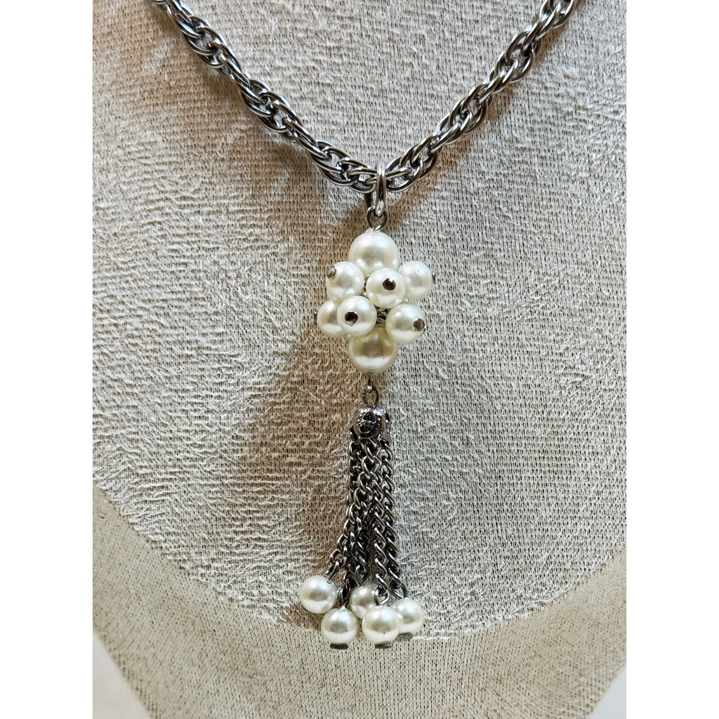 Vintage Faux Pearl Tassel Necklace Silver Tone 22" Chain Statement  N142