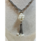 Vintage Faux Pearl Tassel Necklace Silver Tone 22" Chain Statement  N142