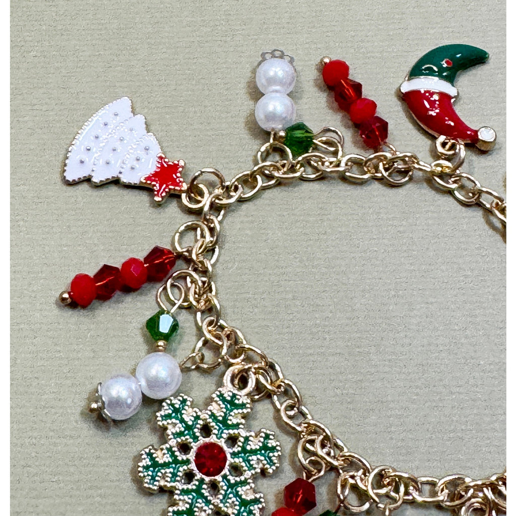 Christmas Charm Bracelet Gold Tone Santa Snowflake Tree Hat 7.5" B002