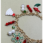 Christmas Charm Bracelet Gold Tone Santa Snowflake Tree Hat 7.5" B002
