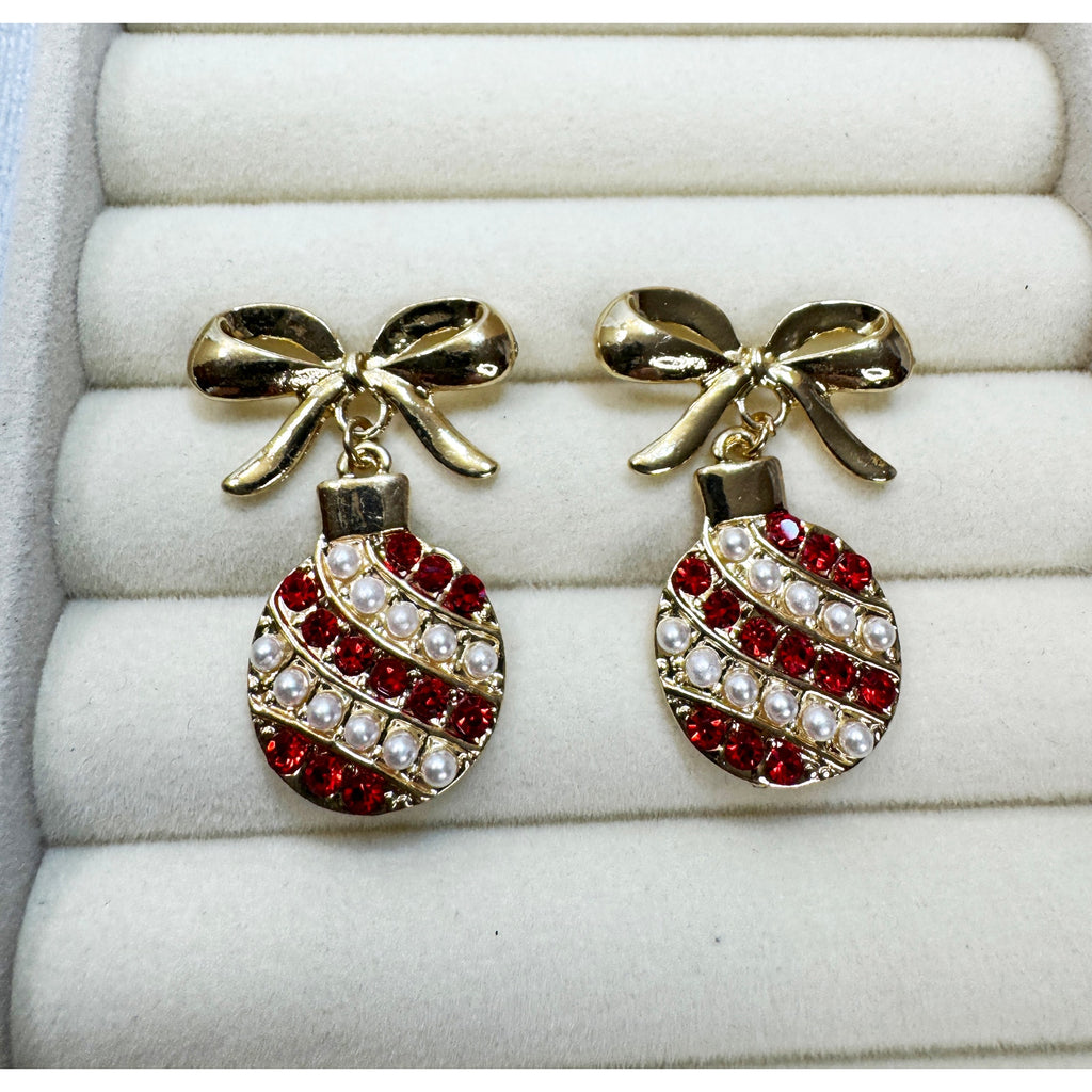 Christmas Ornament Bow Earrings Gold Tone Red Rhinestone Faux Pearl Posts 1.5"