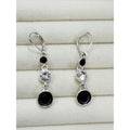 Black & Clear Rhinestone Dangle Earrings Silver Leverback 2.5" Pre-loved E502