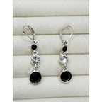 Black & Clear Rhinestone Dangle Earrings Silver Leverback 2.5" Pre-loved E502