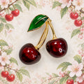 Red Cherry Brooch Pin Gold Tone Green Leaf Fruit Retro Glass Jewelry CP171
