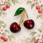 Red Cherry Brooch Pin Gold Tone Green Leaf Fruit Retro Glass Jewelry CP171