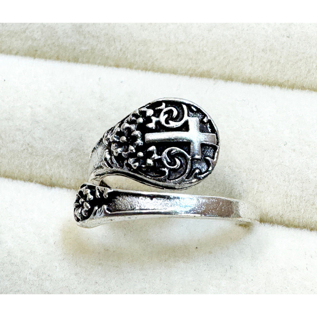 Silver Cross Adjustable Ring Christian Faith Filigree Wrap New  R010