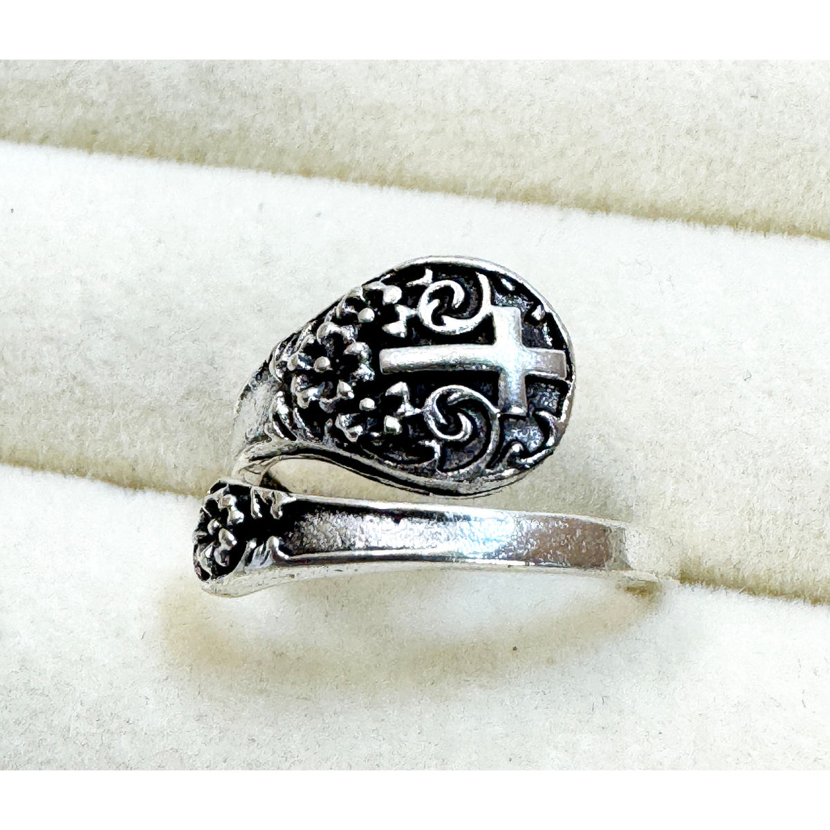Silver Cross Adjustable Ring Christian Faith Filigree Wrap New  R010