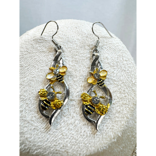 Bee Necklace Earrings Set 20" Chain Rhinestone Bee Floral Jewelry E567