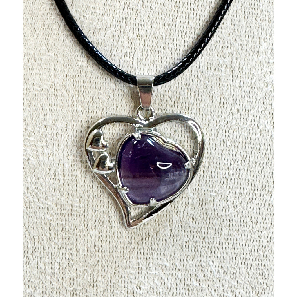 Purple Heart Stone Pendant Necklace 24" Black Cord Silver Tone Boho N526
