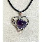 Purple Heart Stone Pendant Necklace 24" Black Cord Silver Tone Boho N526