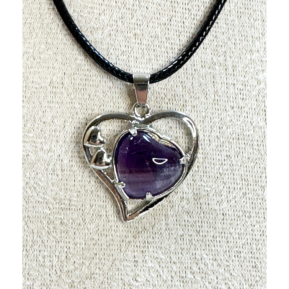 Purple Heart Stone Pendant Necklace 24" Black Cord Silver Tone Boho N526
