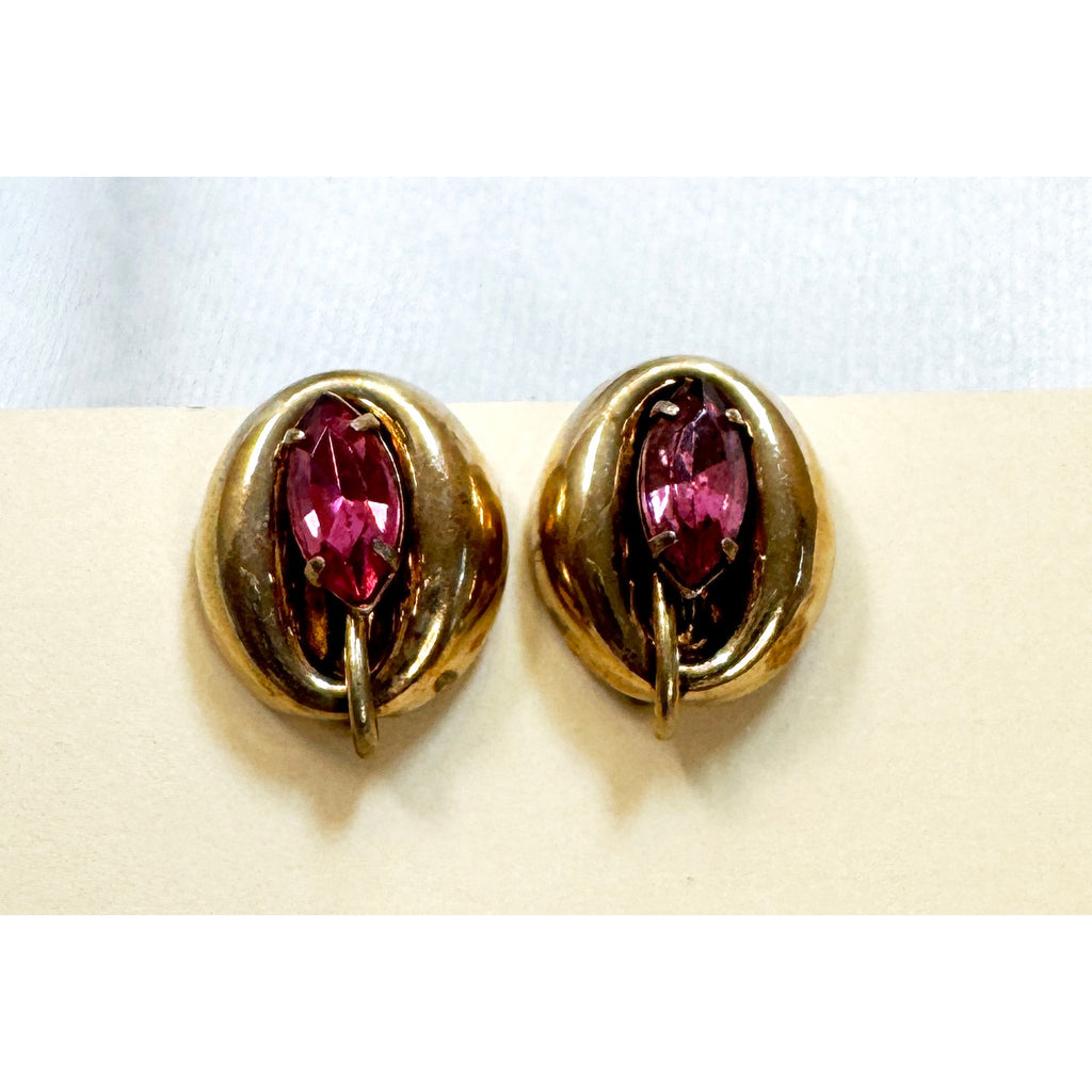 Vintage Gold Tone Pink Rhinestone Screw Back Earrings 5/8" Retro Jewelry E507