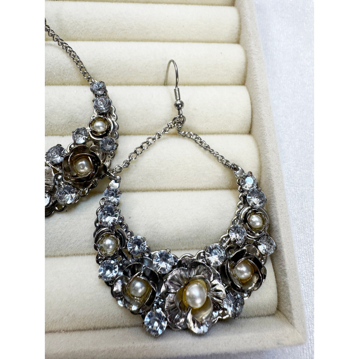 Vintage Rhinestone Faux Pearl Statement Earrings 3" Floral Dangle Silver  E614