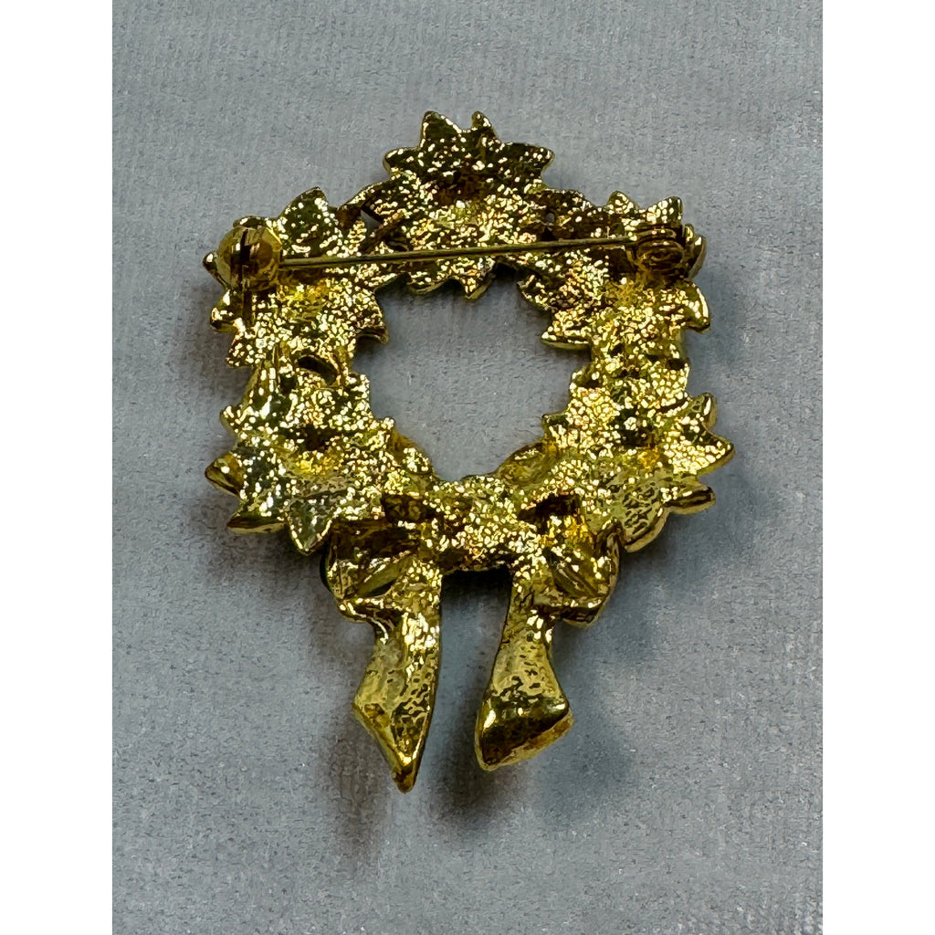 New Enamel Christmas Wreath Brooch Pin Red Poinsettia Green Bow 2" CP160