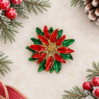 Christmas Poinsettia Brooch Red Green Enamel Gold Tone Holiday Pin CP269