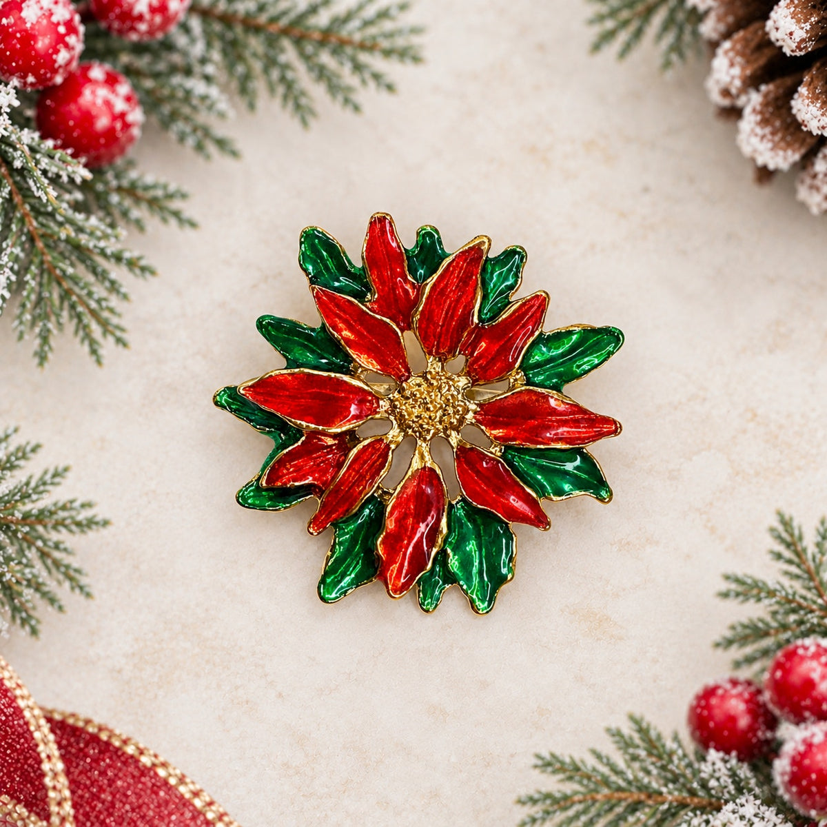 Christmas Poinsettia Brooch Red Green Enamel Gold Tone Holiday Pin CP269