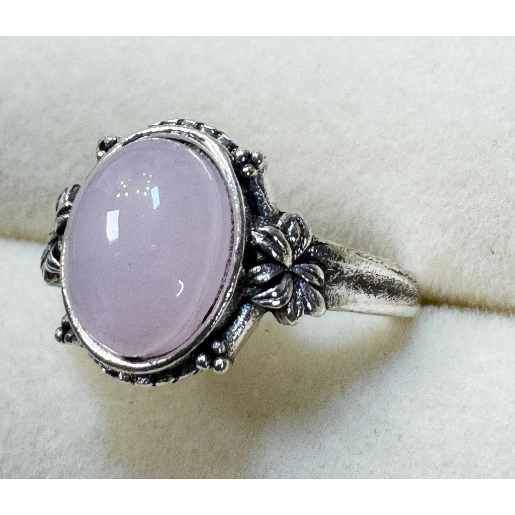 New Size 7 Pink Oval Cabochon Ring Silver Tone Floral Statement Ring R007