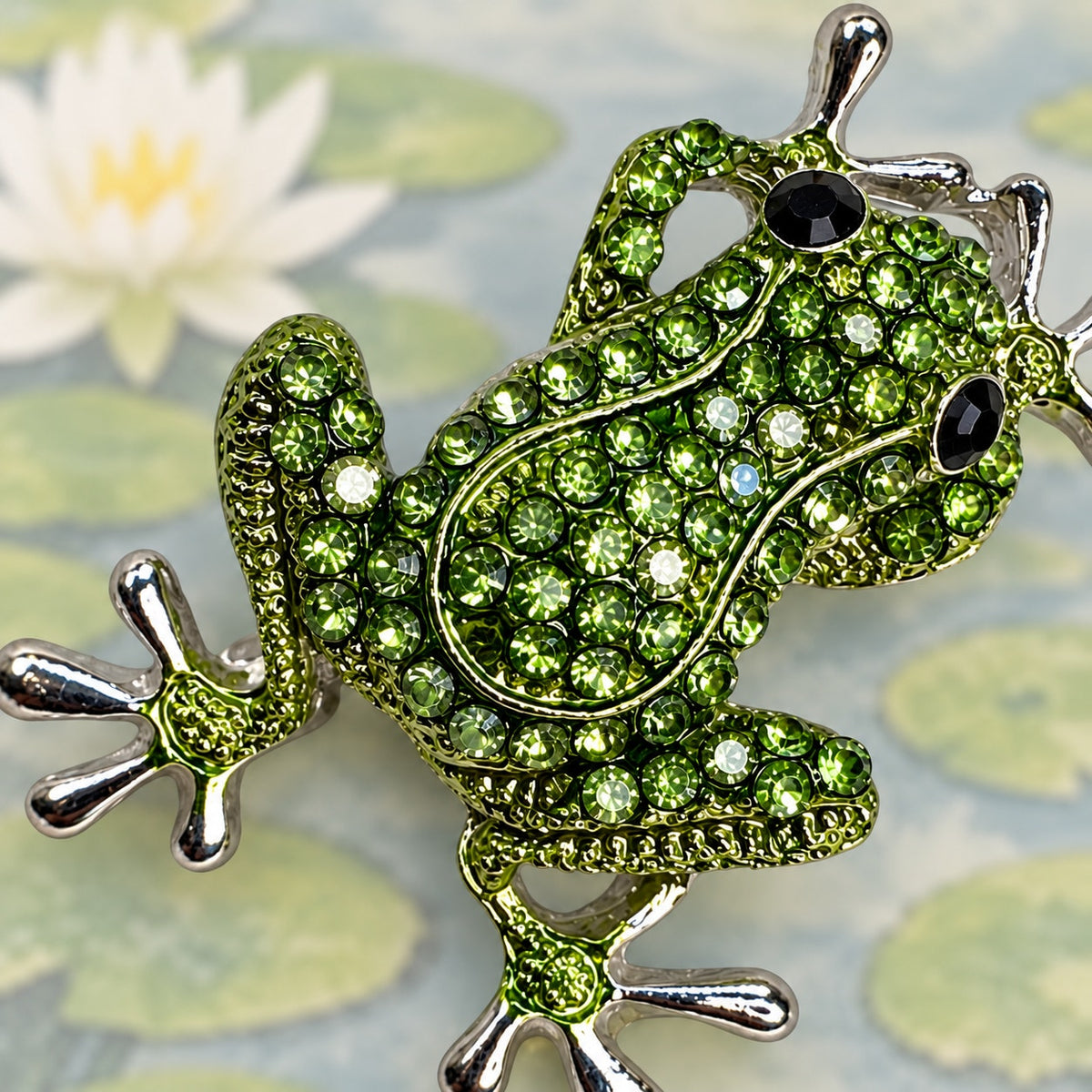 Green Rhinestone Frog Brooch Pin Silver Tone Lily Pad Nature Jewelry 2" CP183