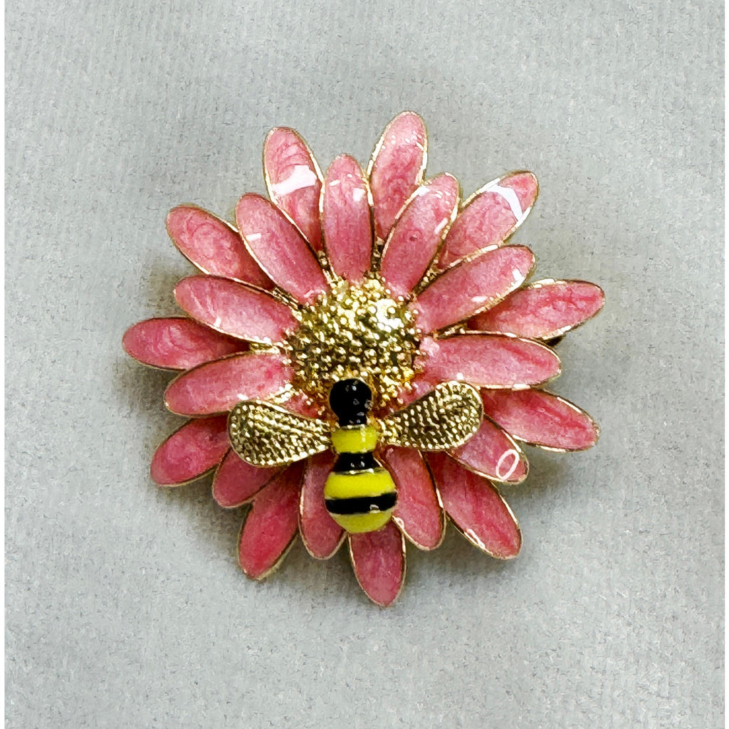 New Pink Enamel Daisy Bee Brooch Pin Gold Tone Floral Garden Spring 1.75" CP197