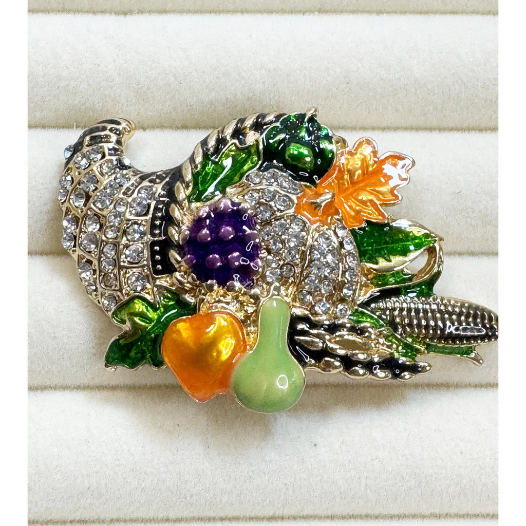 Thanksgiving Cornucopia Brooch Pin Rhinestone Harvest Fall Turkey 2" CP186