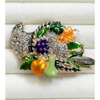 Thanksgiving Cornucopia Brooch Pin Rhinestone Harvest Fall Turkey 2" CP186