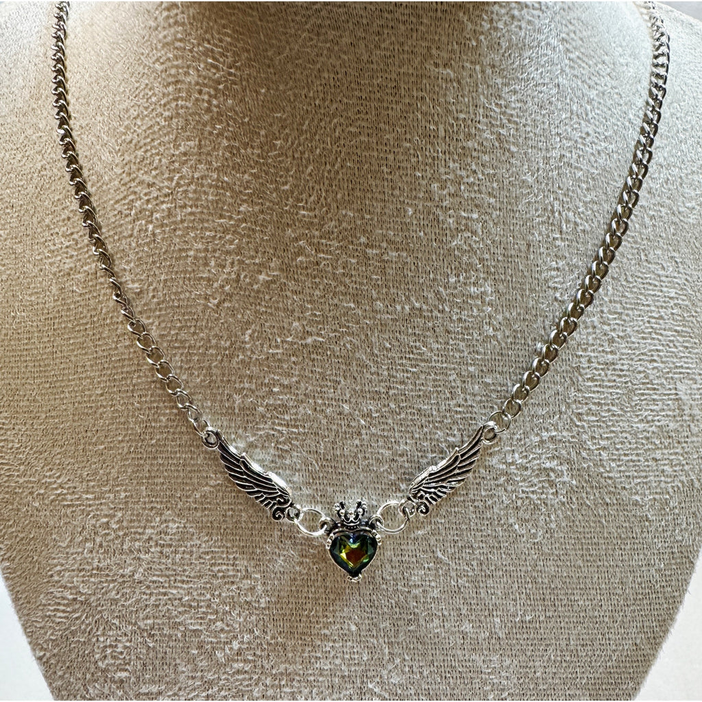 Silver Winged Heart Necklace Mystic Topaz Crystal 22-24" Fantasy Necklace N362