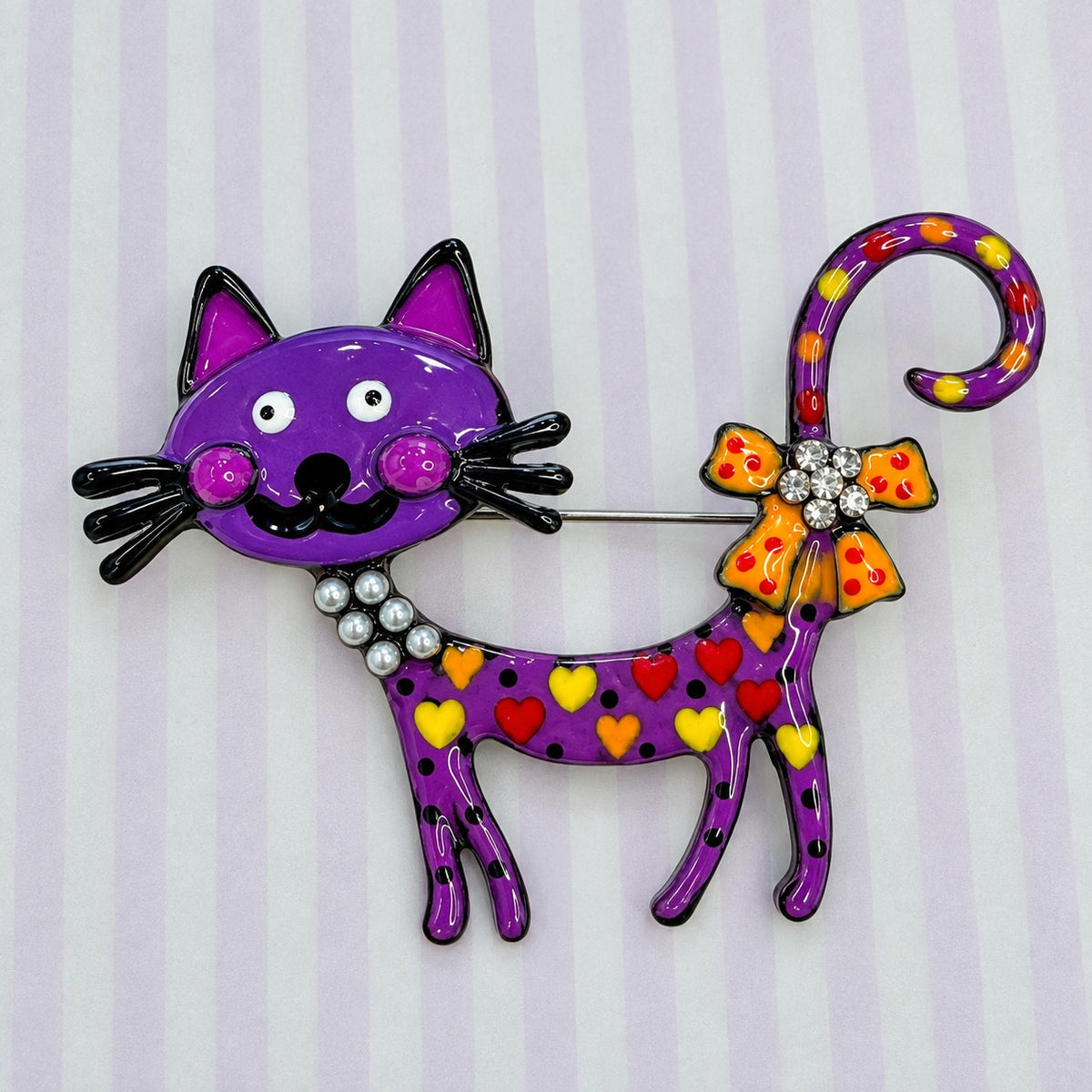 New Whimsical Purple & Multi-Color Enamel Cat Brooch Pin  Costume Jewelry CP166