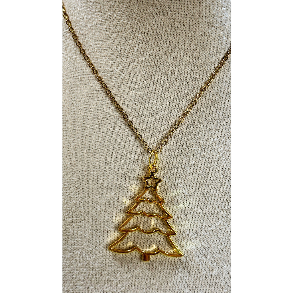 Gold Christmas Tree Pendant Necklace 24" Chain Holiday Xmas Jewelry New N448
