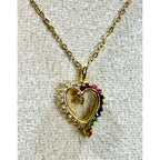 Vintage Heart Rhinestone Necklace Rainbow Crystal Pendant 18" Gold Chain N432