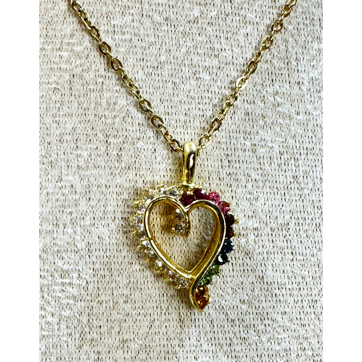 Vintage Heart Rhinestone Necklace Rainbow Crystal Pendant 18" Gold Chain N432