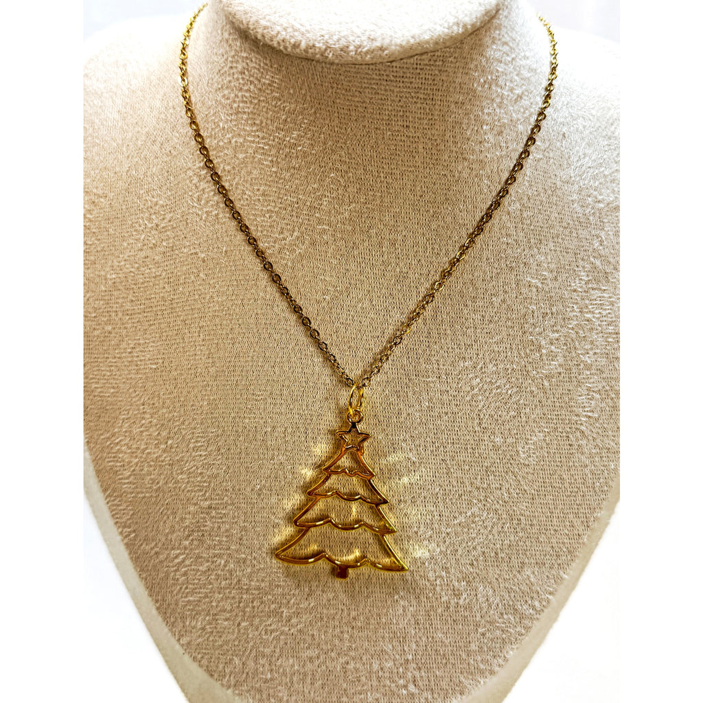 Gold Christmas Tree Pendant Necklace 24" Chain Holiday Xmas Jewelry New N448