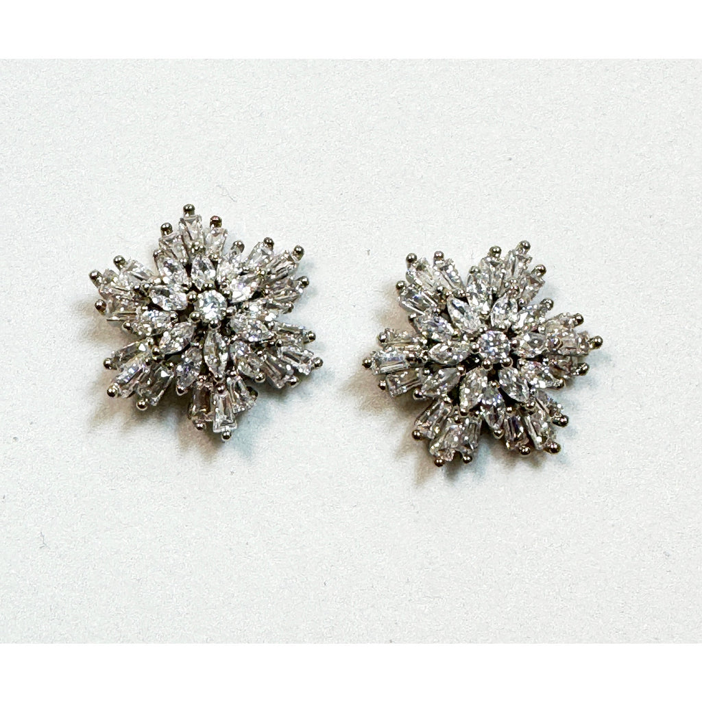 Silver Tone Rhinestone Flower Post Earrings Sparkly Crystal Studs 5/8" E292